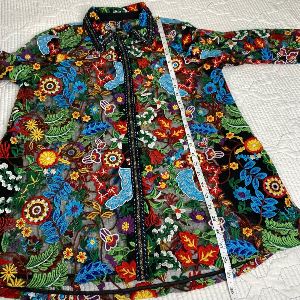 BEREK Petite L Floral Embroidered Black Mesh Button Down Shirt Blouse *flaw - Picture 7 of 14